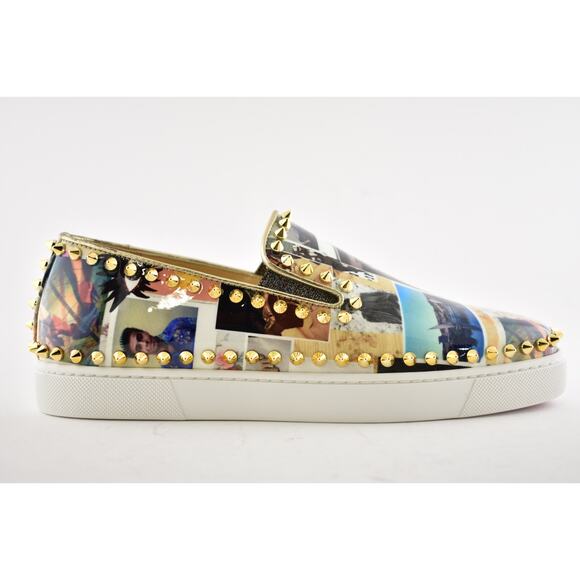 Christian Louboutin Pik Boat Patent Collage Black Gold Spike Flat Sneakers 41 - Picture 2 of 12